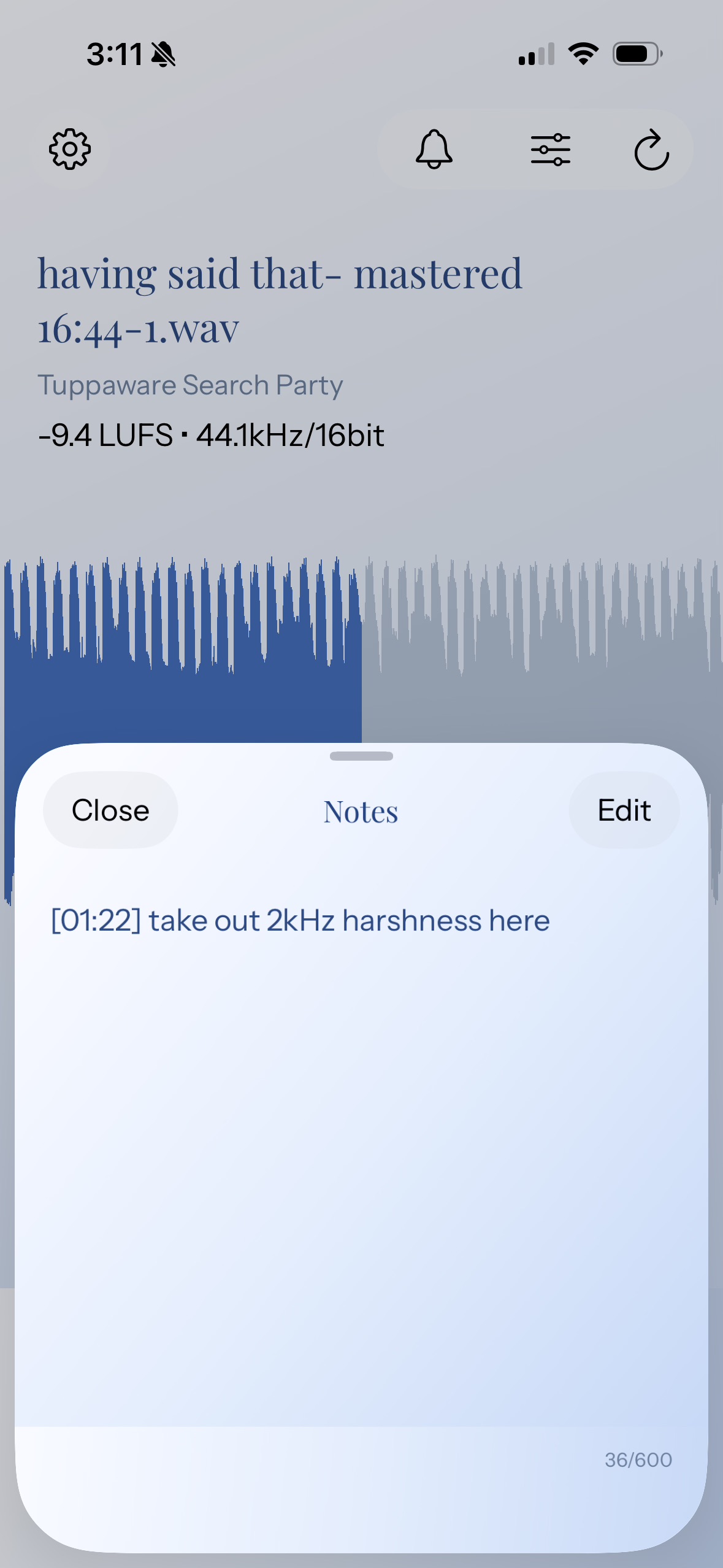 Final Draft iPhone notes screen with timestamped playback notes