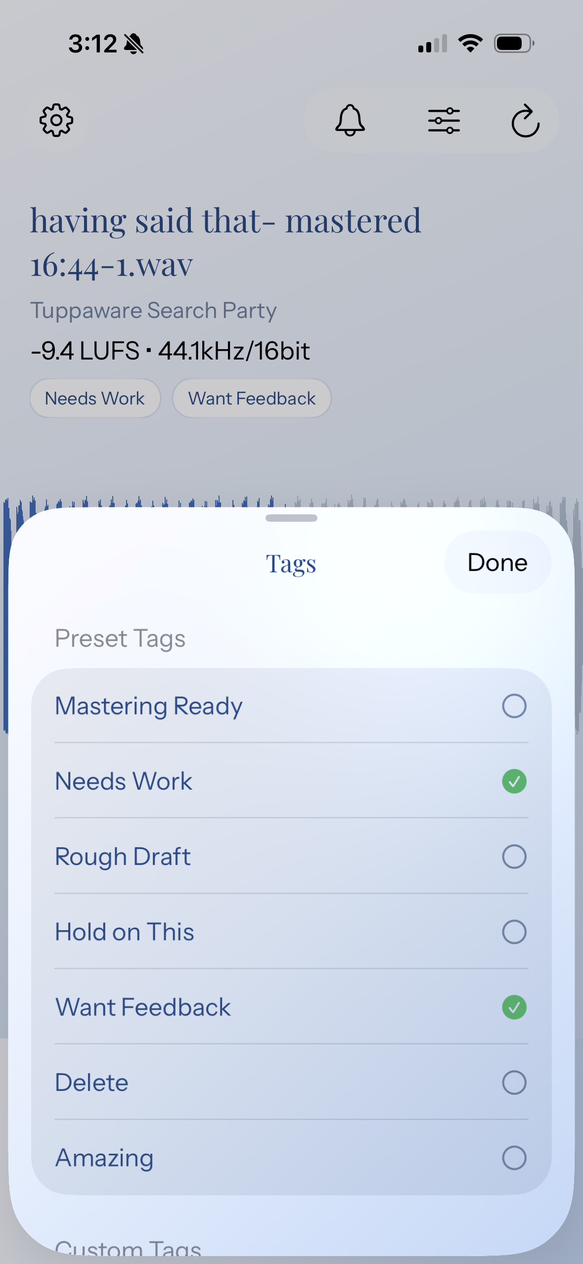 Final Draft iPhone tags screen for organizing audio files