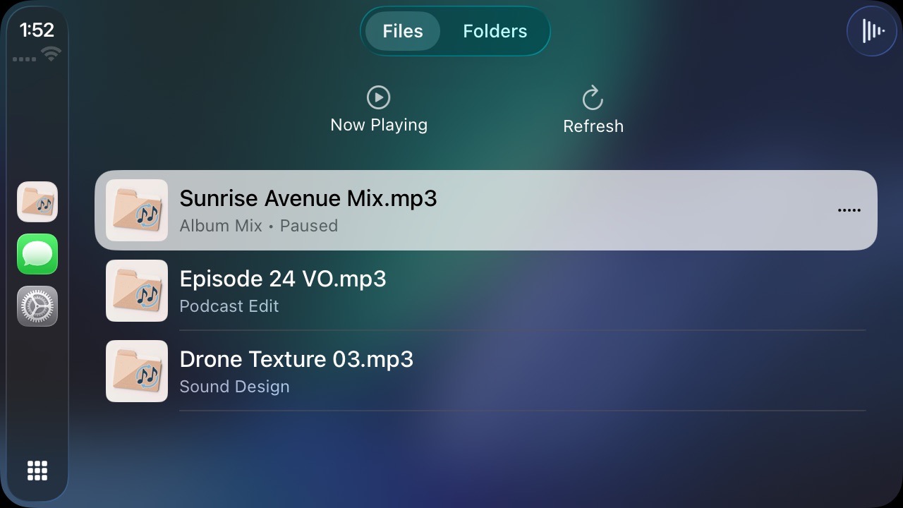 Final Draft CarPlay screen showing synced audio files ready for playback in the car